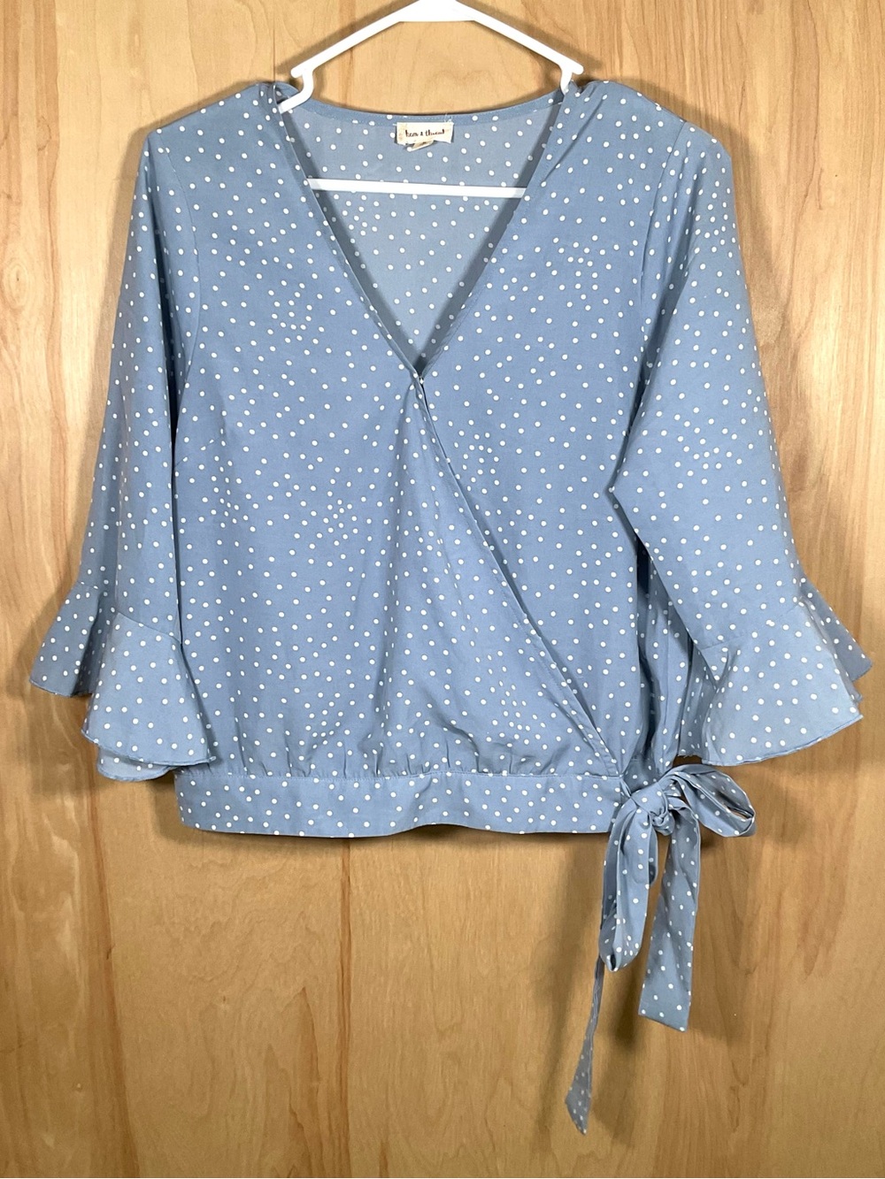 Hem & Thread Faux-wrap Polka Dot Cross-Front Blouse - EUC